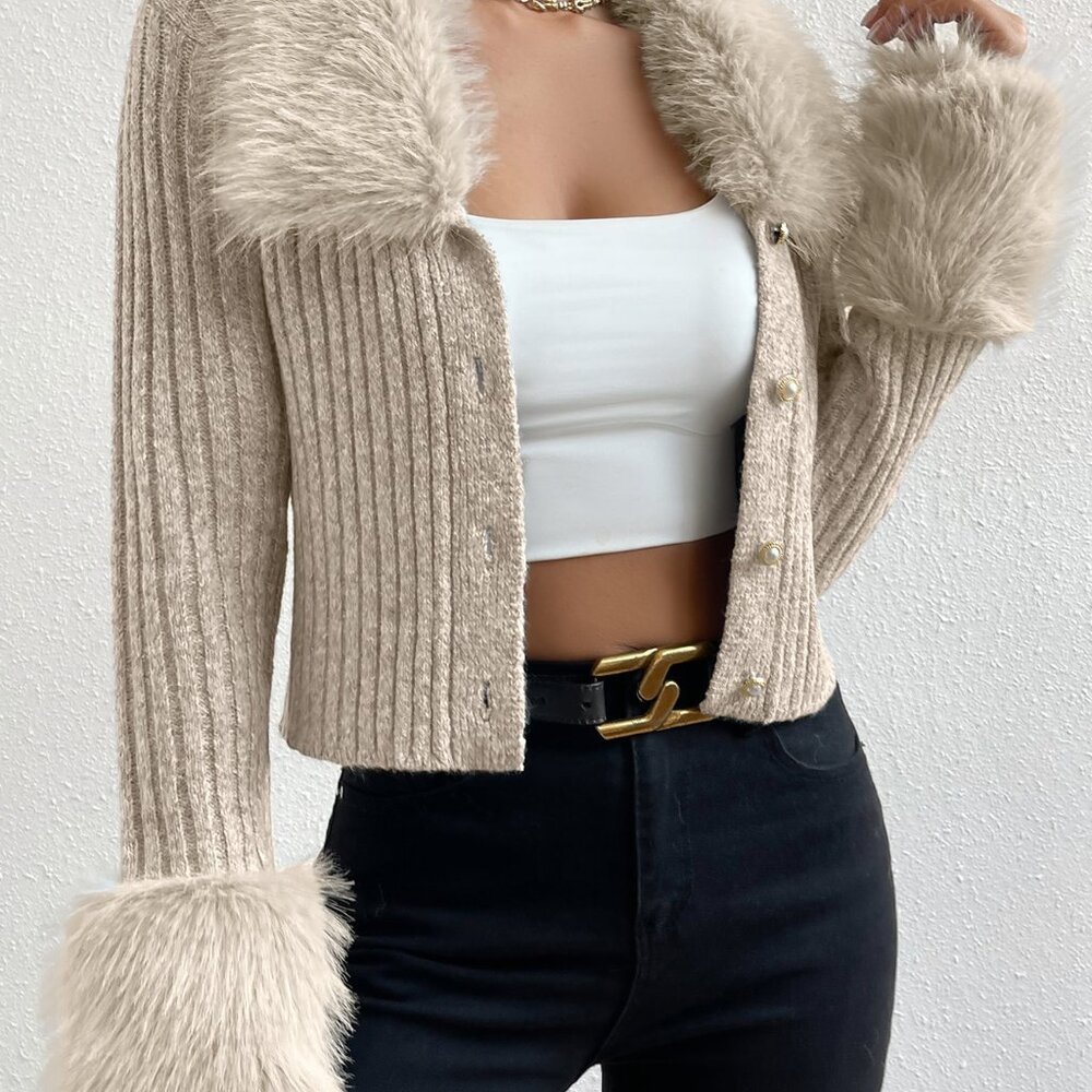 Apricot Elegant Women's Fuzzy Collar Ribbed Knit Cardigan - Picture 4 of 8